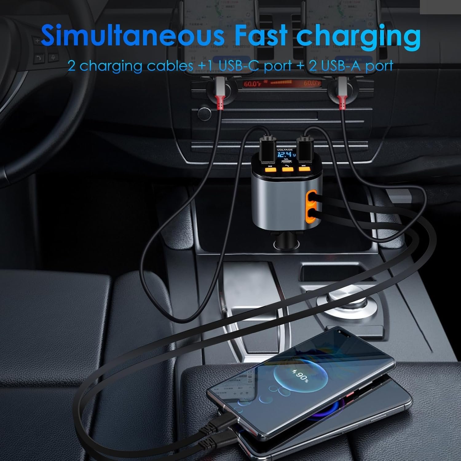 5 in 1 Retractable Car Charger, Fast Car Phone Charger 90W, Bluetooth 5.3 FM Transmitter Adapter - Image 2