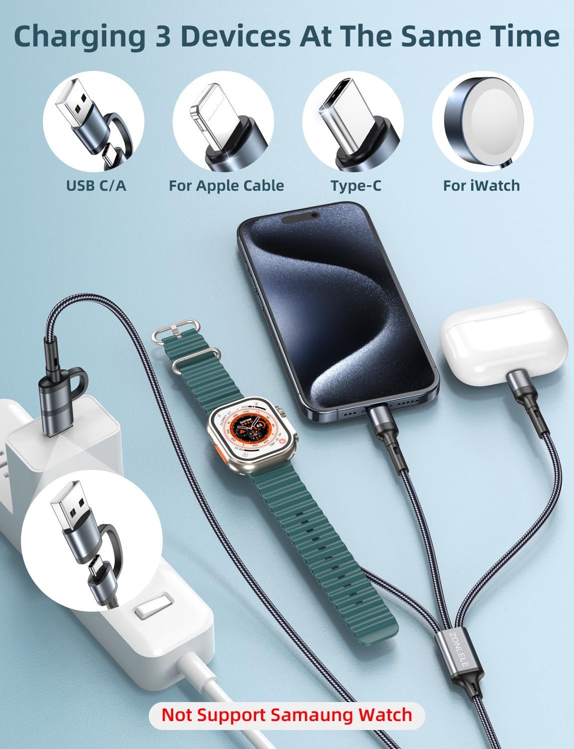 Charger Cable for Apple Watch Upgraded 3 in 2 Fast iPhone Watch Charger USB C Multi Fast Charging - Image 2