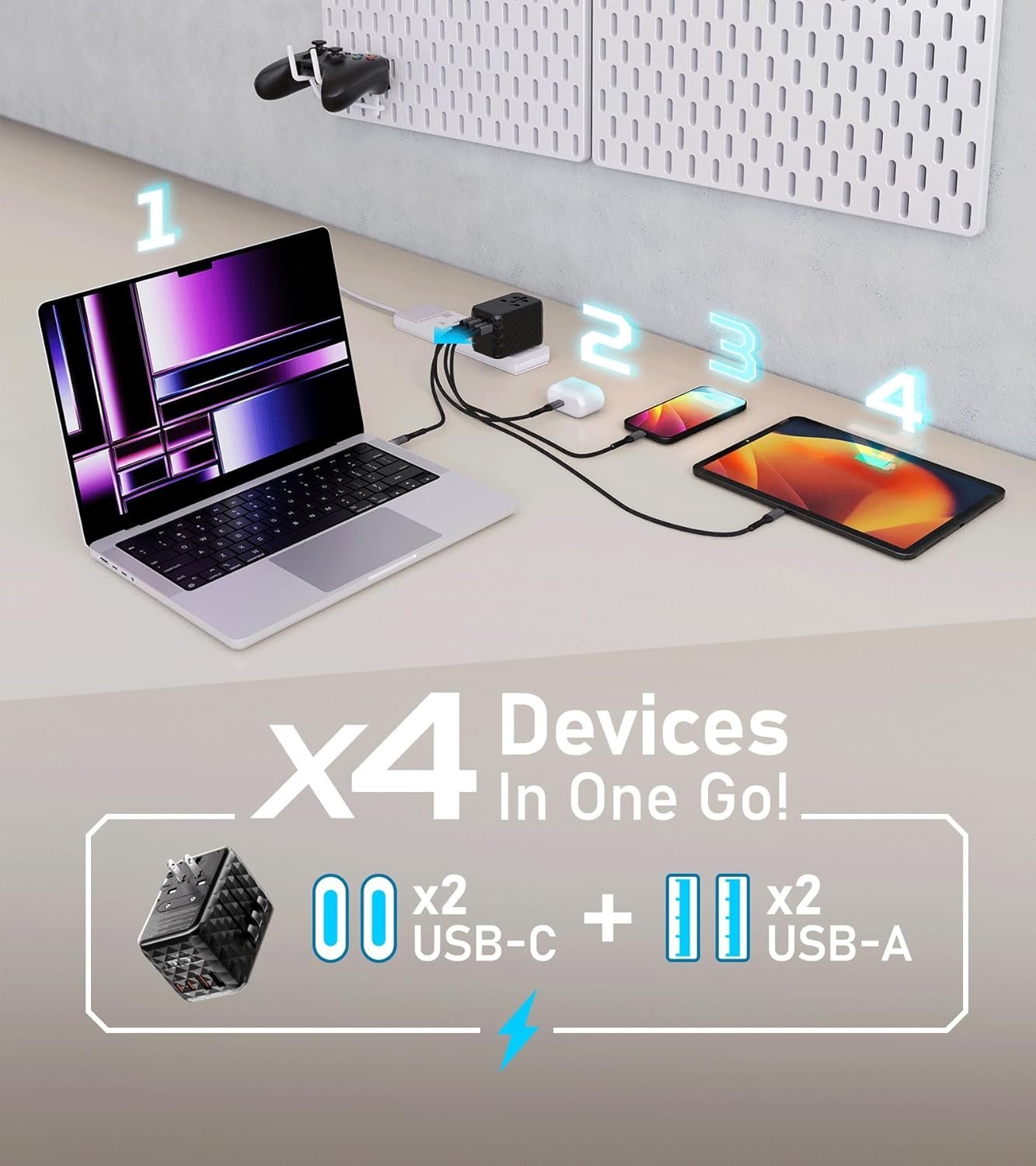 All in 1 TravlMate 5v and 20v Laptop, MacBook, Mobile 70W GaN Universal Travel Adapter, 2500W, Global Plug Compatibility, 4-in-1 Design - Image 4