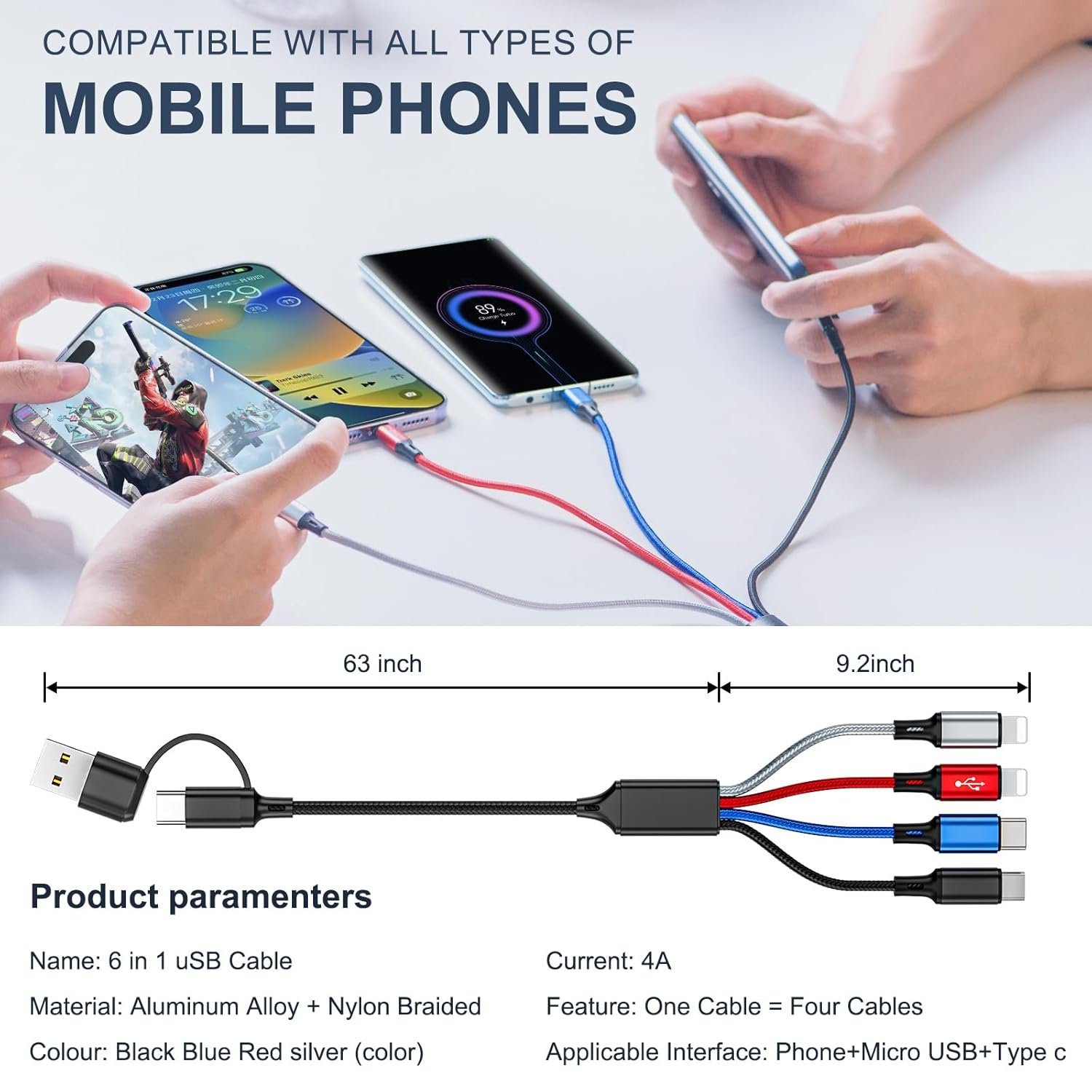 6 in 1 Multi Charging Cable 2Pack-6FT Multi USB Cable 3A Multi Charger Cable - Image 5