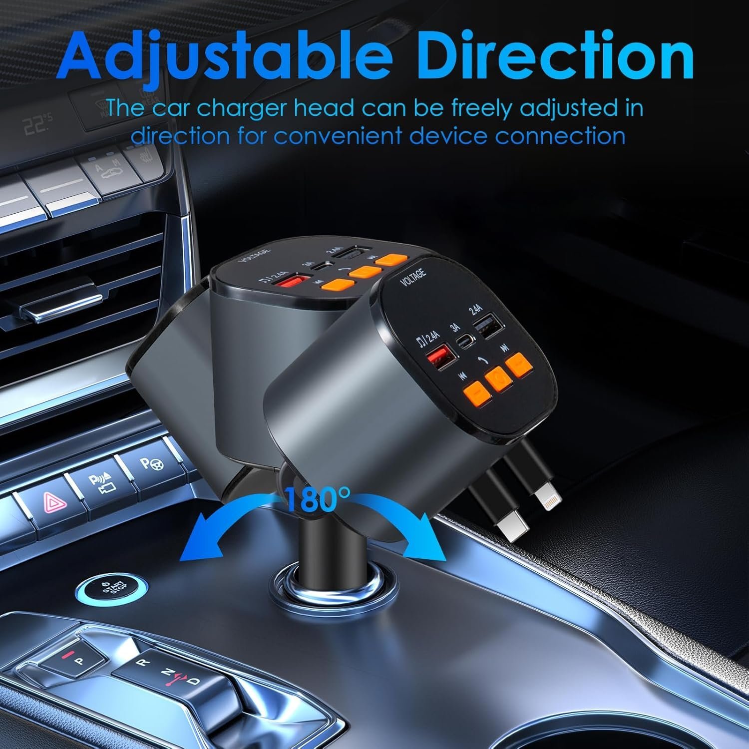 5 in 1 Retractable Car Charger, Fast Car Phone Charger 90W, Bluetooth 5.3 FM Transmitter Adapter - Image 7